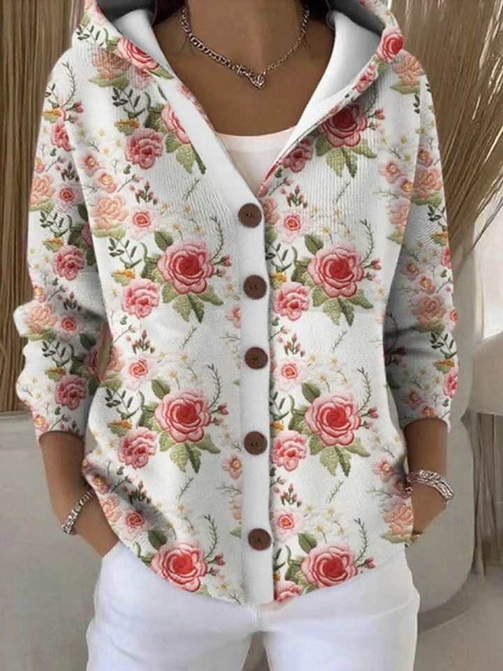Women's Colorful Patchwork Button-Front Hooded Cardigan Sweater - Floral White