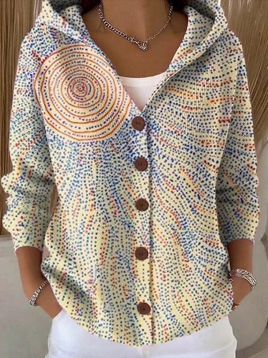 Women's Colorful Patchwork Button-Front Hooded Cardigan Sweater - Light Yellow
