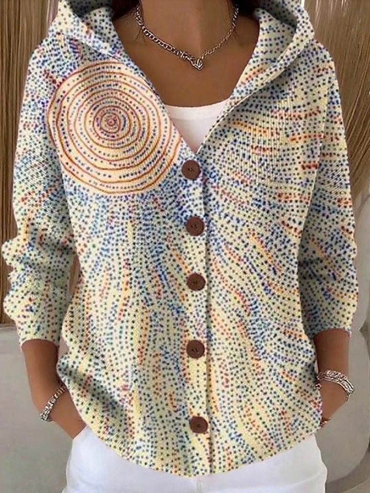 Women's Colorful Patchwork Button-Front Hooded Cardigan Sweater - Light Yellow