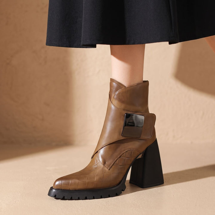 Women's Comfortable Chelsea Ankle Boots Block Heel Metal Buckle - Khaki