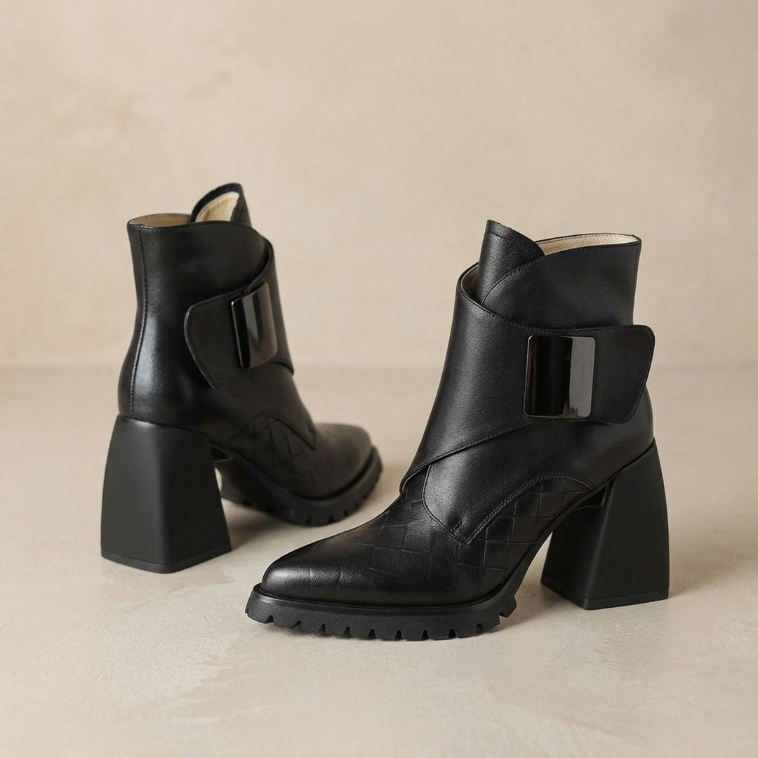 Women's Comfortable Chelsea Ankle Boots Block Heel Metal Buckle