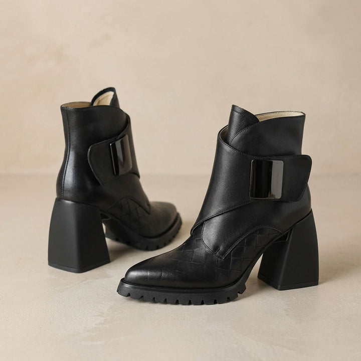 Women's Comfortable Chelsea Ankle Boots Block Heel Metal Buckle