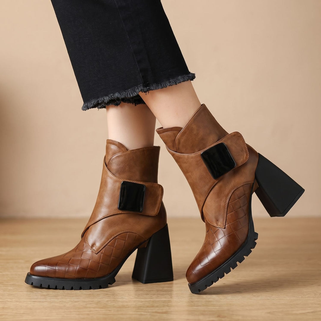Women's Comfortable Chelsea Ankle Boots Block Heel Metal Buckle