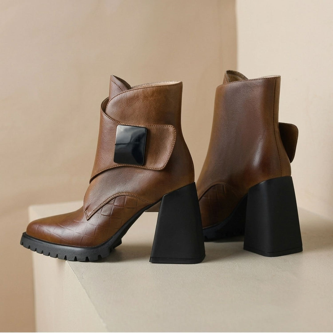Women's Comfortable Chelsea Ankle Boots Block Heel Metal Buckle