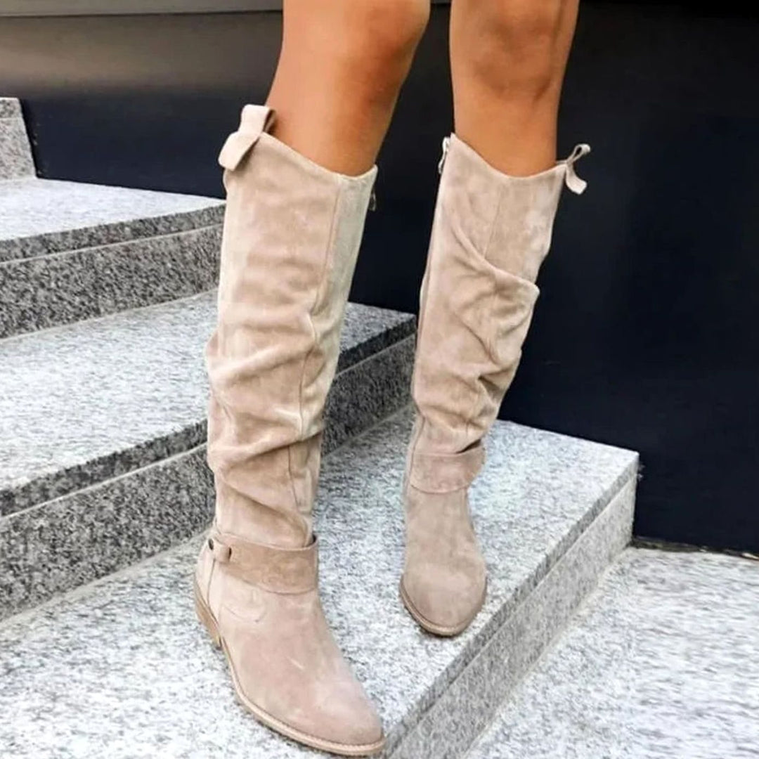 Women's Comfortable Knee High Boots Low Block Heel Suede