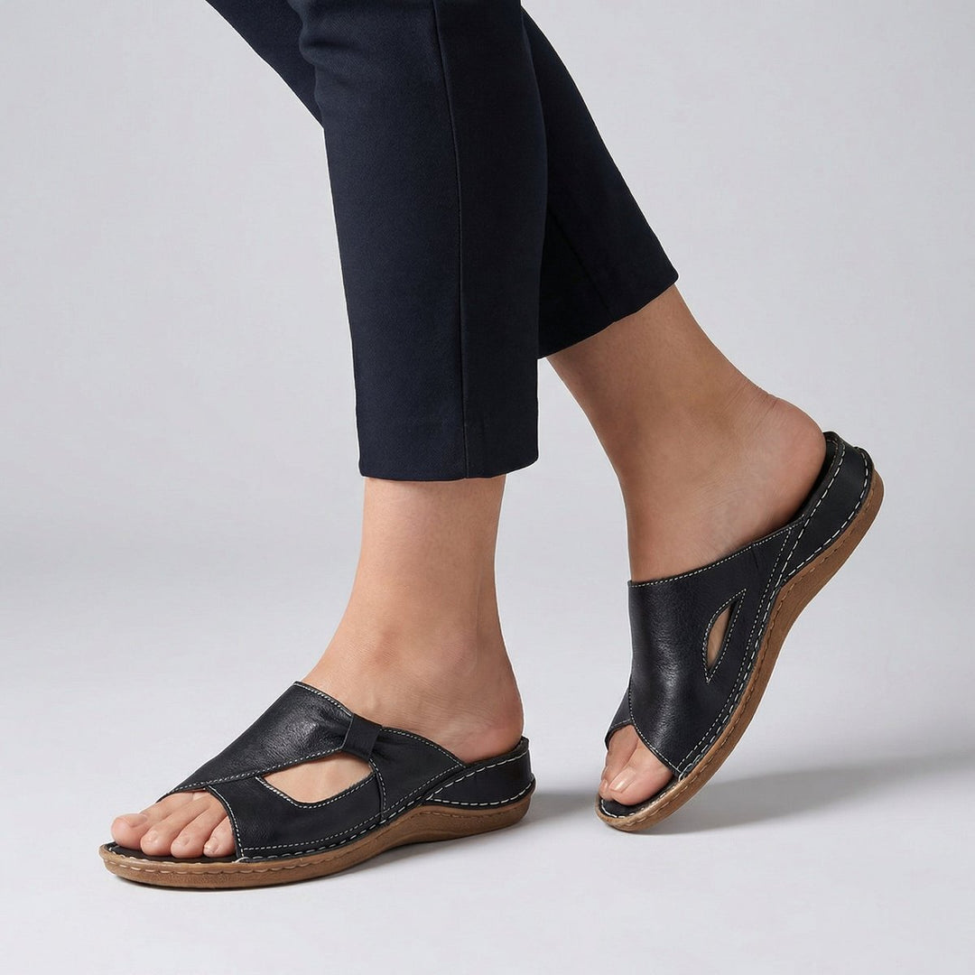 Women's Comfortable Sandals Flat Slip-On Mule Cut-Out Detail - Black
