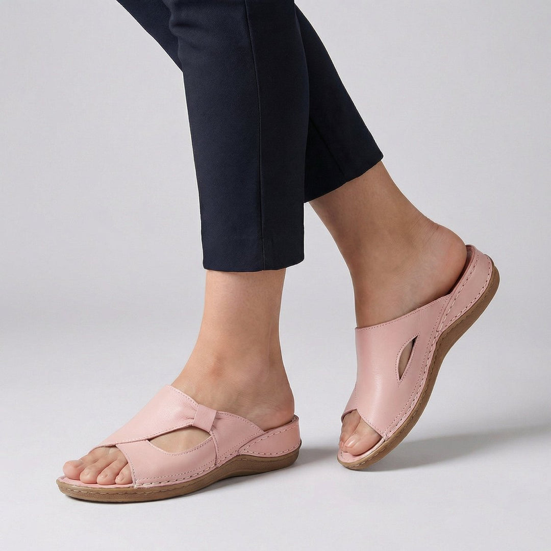 Women's Comfortable Sandals Flat Slip-On Mule Cut-Out Detail - Pink