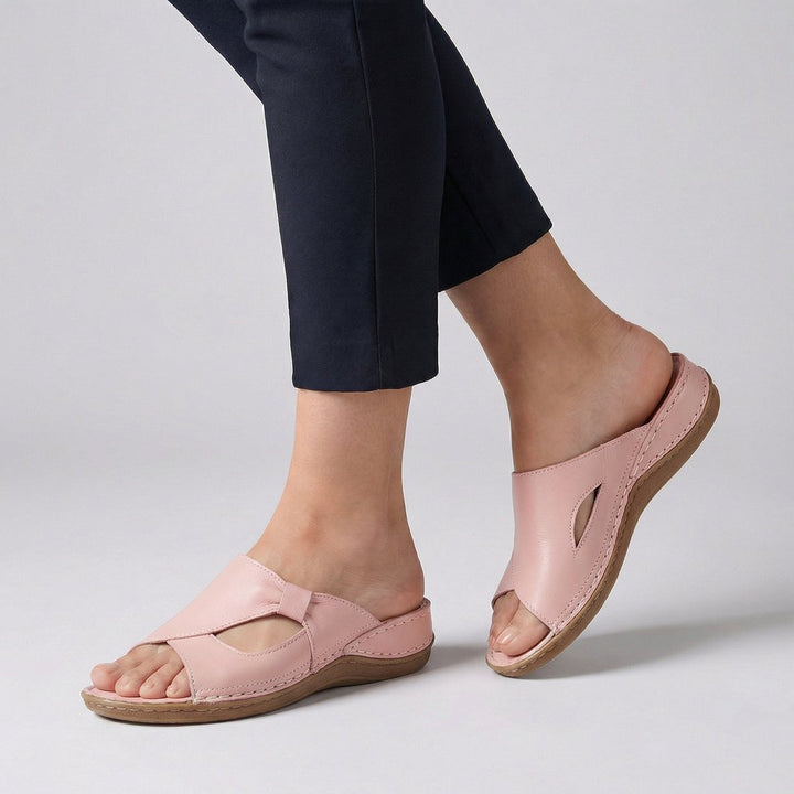Women's Comfortable Sandals Flat Slip-On Mule Cut-Out Detail - Pink