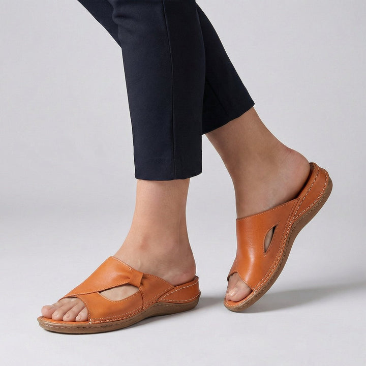 Women's Comfortable Sandals Flat Slip-On Mule Cut-Out Detail - Orange