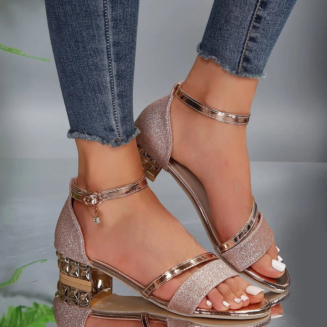 Women's Comfortable Sandals Gold-Trim Ankle-Strap Block-Heel