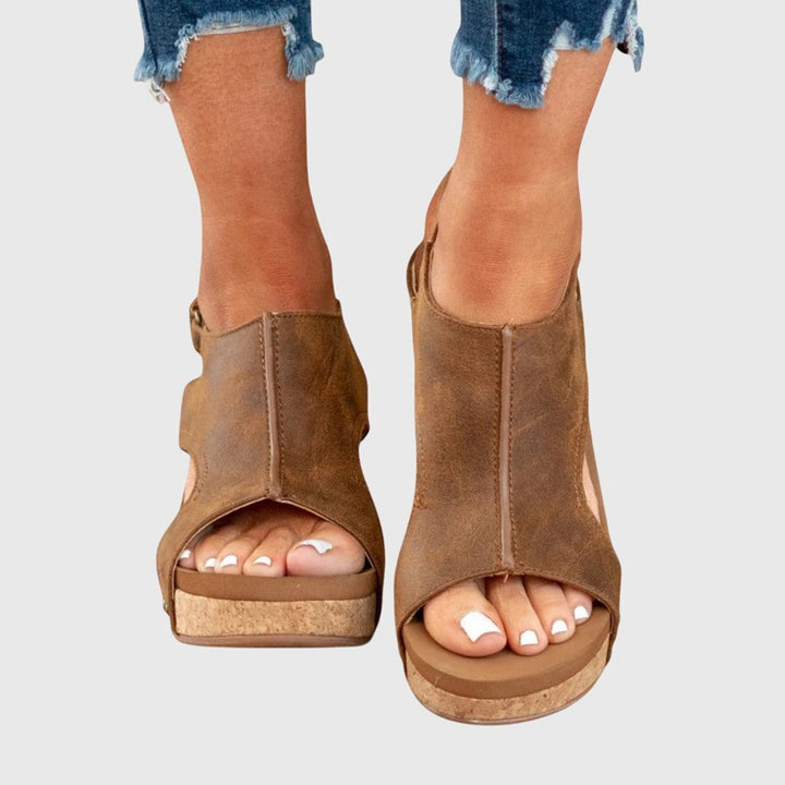 Women's Comfortable Sandals Open-Toe Cork Wedge Slingback Platform - Brown