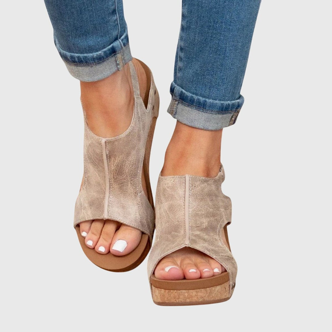 Women's Comfortable Sandals Open-Toe Cork Wedge Slingback Platform - Beige