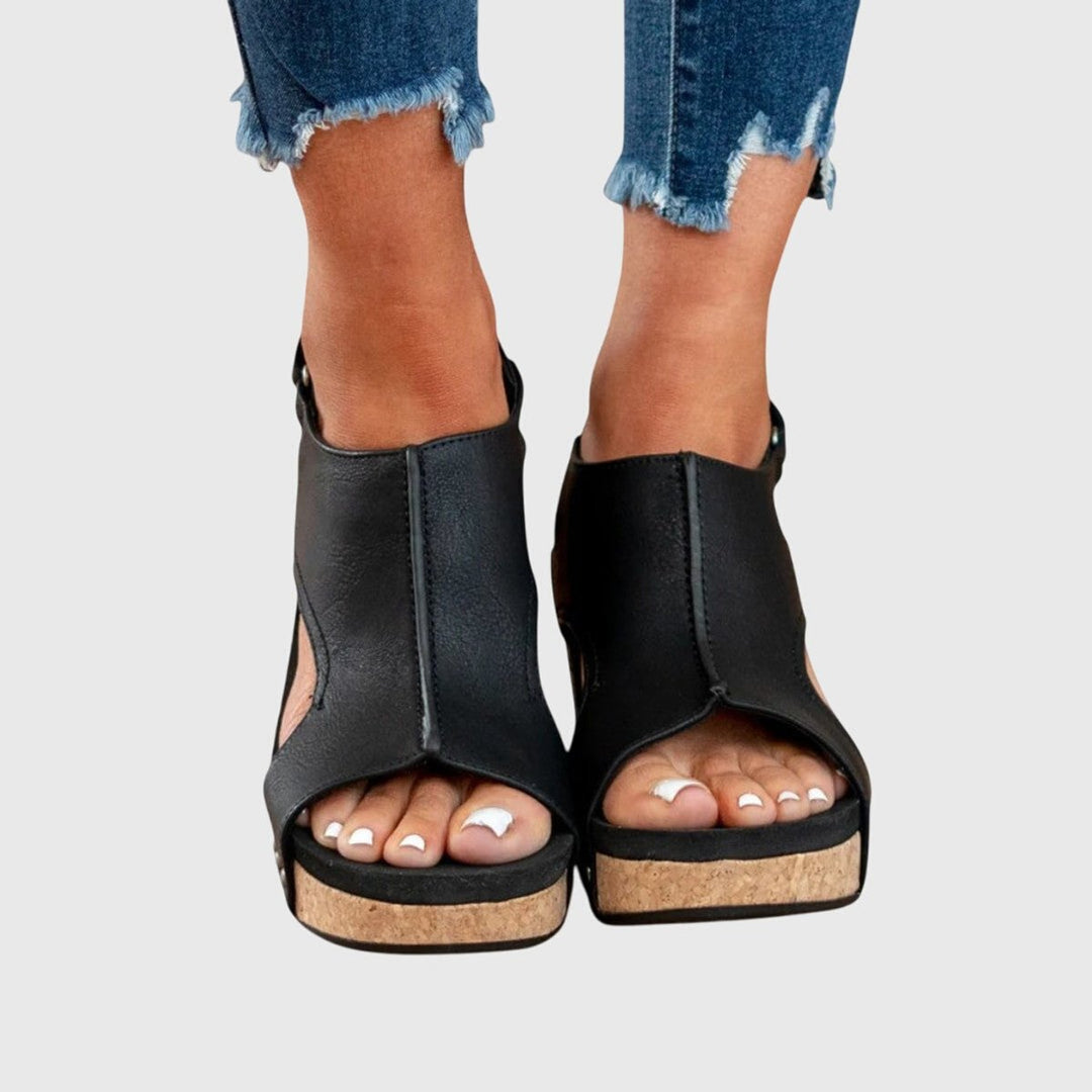 Women's Comfortable Sandals Open-Toe Cork Wedge Slingback Platform - Black