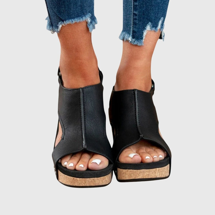Women's Comfortable Sandals Open-Toe Cork Wedge Slingback Platform - Black