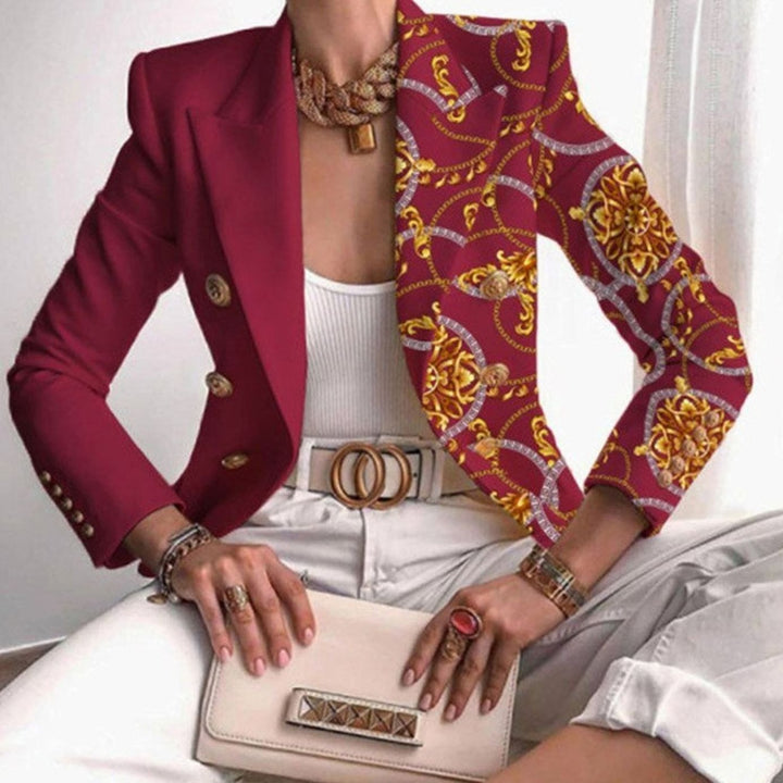 Women's Contrast Panel Gold-Button Long-Sleeve Work Blazer - Red