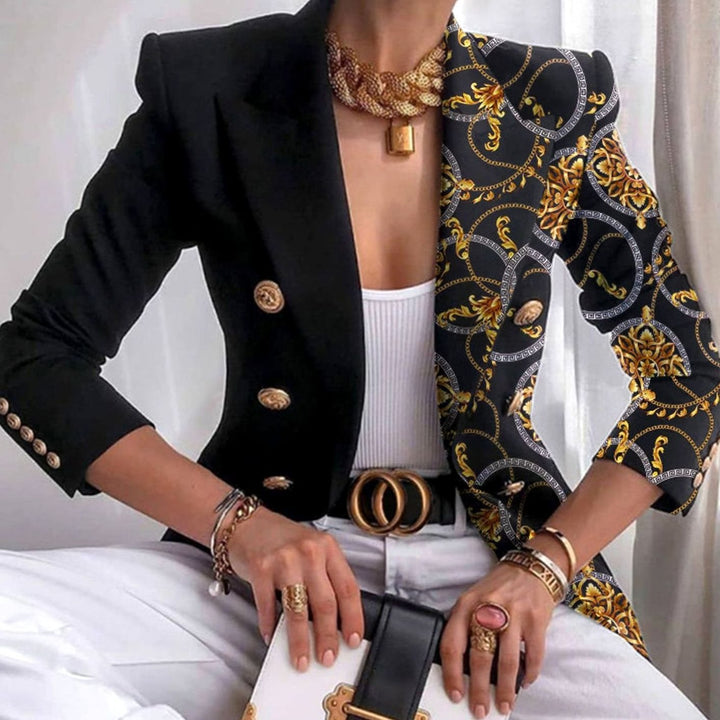 Women's Contrast Panel Gold-Button Long-Sleeve Work Blazer - Black