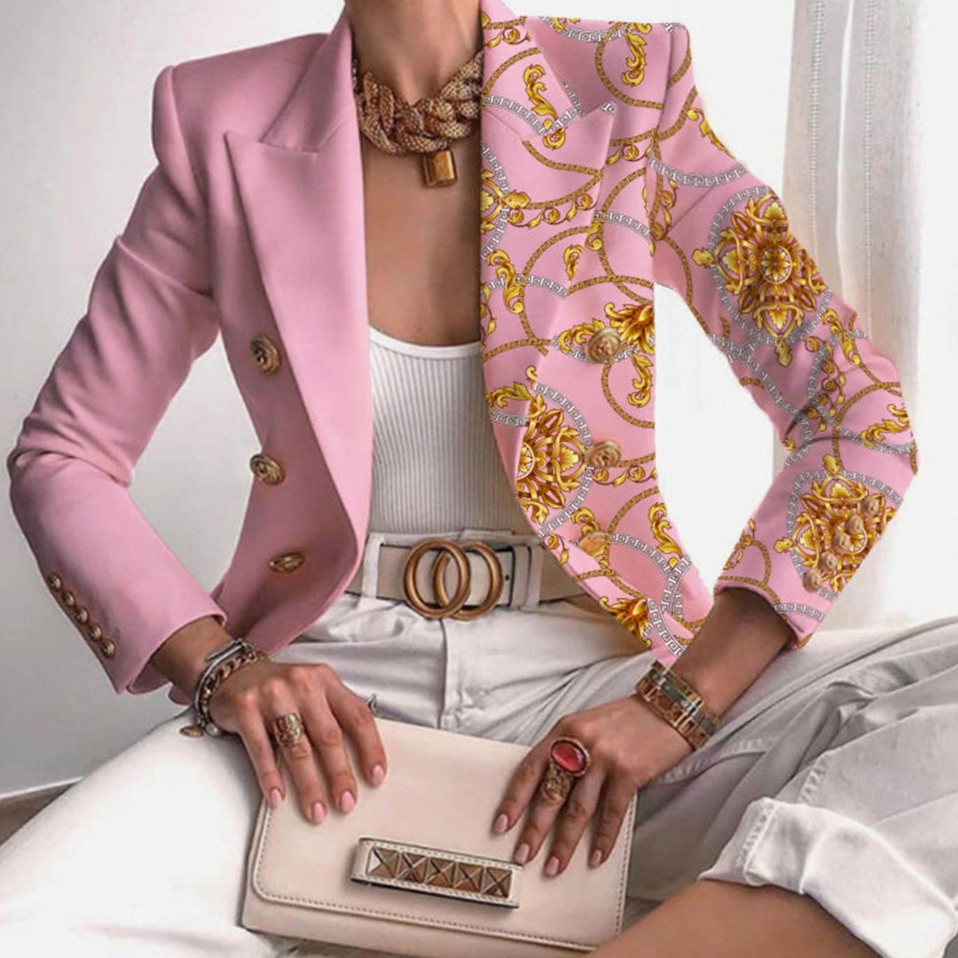 Women's Contrast Panel Gold-Button Long-Sleeve Work Blazer - Pink