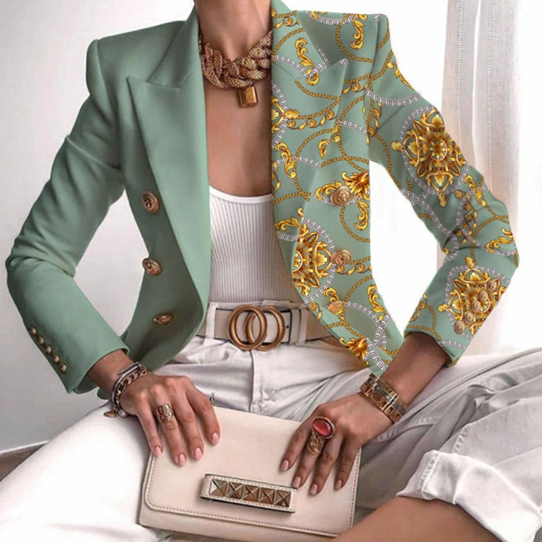 Women's Contrast Panel Gold-Button Long-Sleeve Work Blazer - Light Green