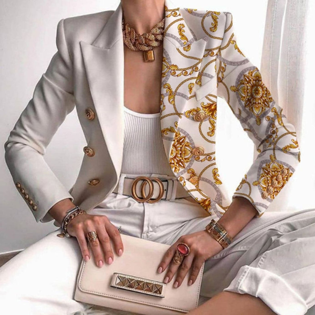 Women's Contrast Panel Gold-Button Long-Sleeve Work Blazer - White