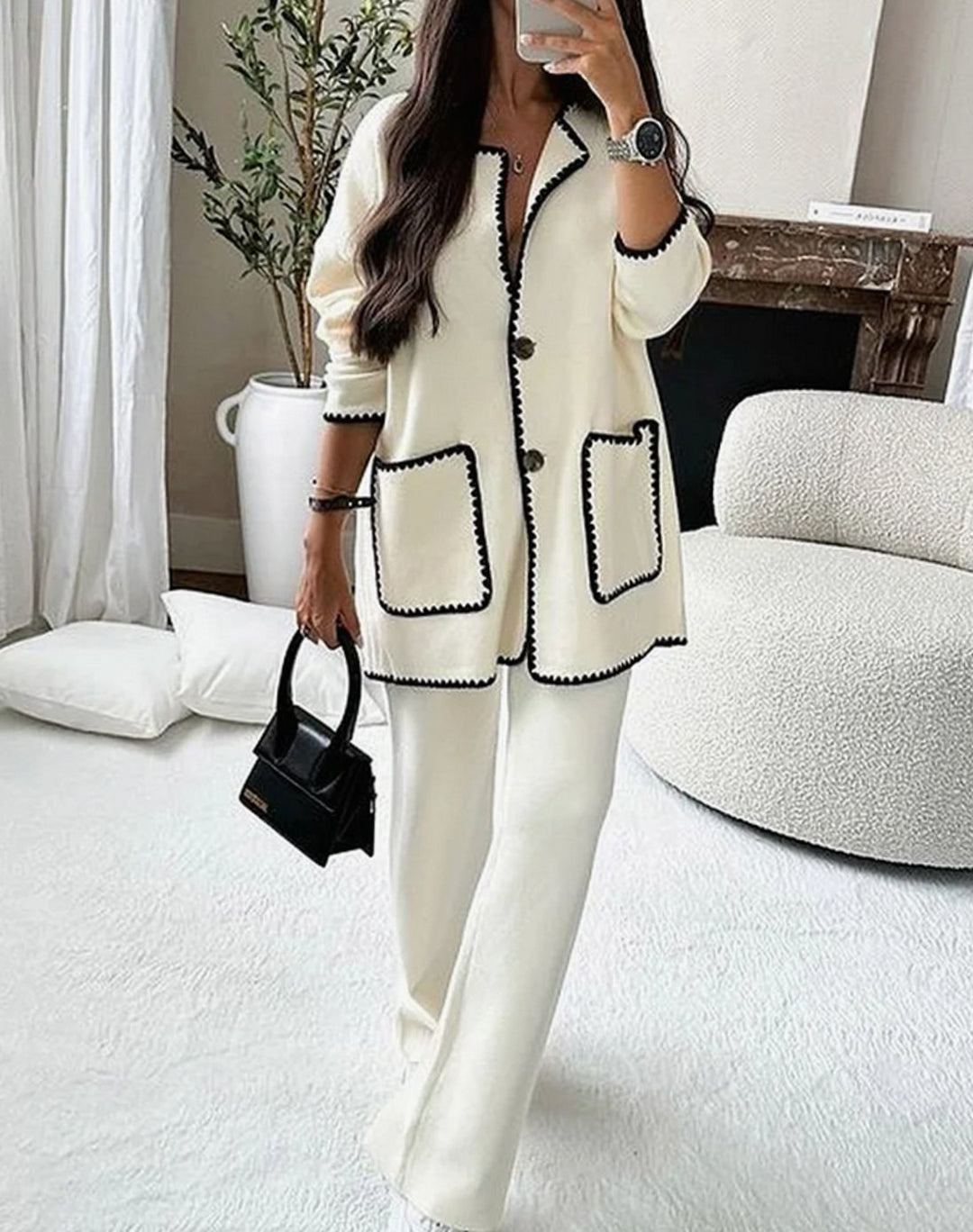 Women's Contrast-Trim Longline Blazer Straight-Leg Pants Set - White