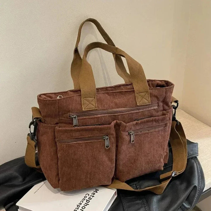 Women's Corduroy Multi-Pocket Convertible Tote Bag - Braun