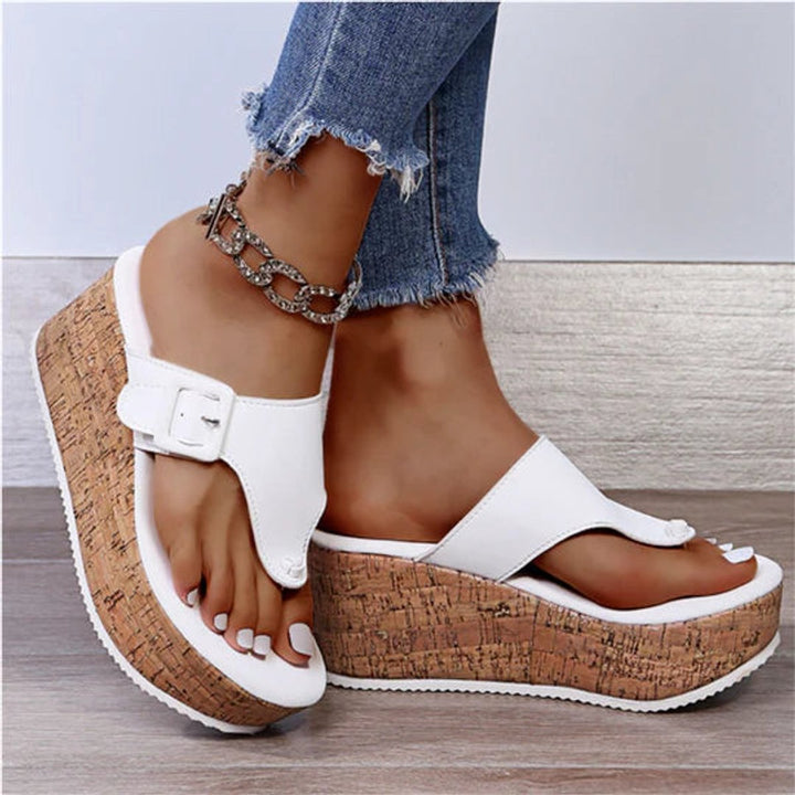 Women's Cork Wedge Thong Comfortable Sandals Buckle Strap - Wit