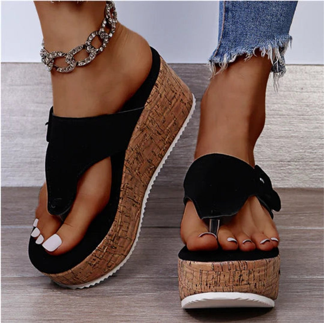 Women's Cork Wedge Thong Comfortable Sandals Buckle Strap - Zwart