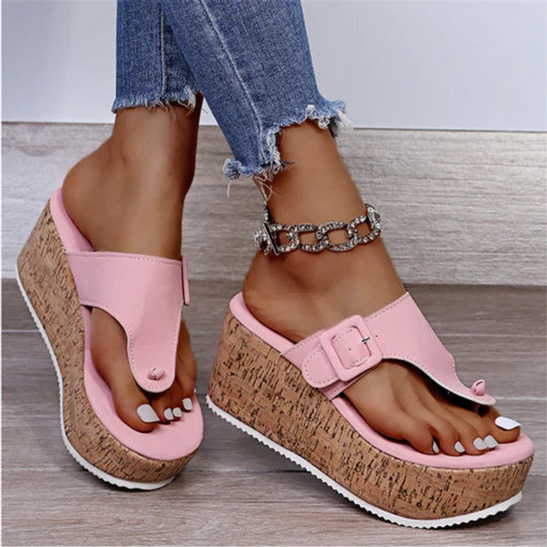 Women's Cork Wedge Thong Comfortable Sandals Buckle Strap - Roze