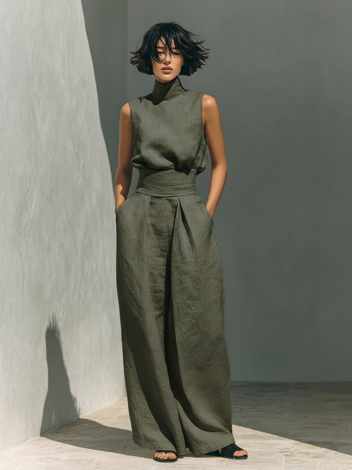Women's Cotton Linen Blend Sleeveless Turtleneck Wide-Leg Pants Set - Army Green