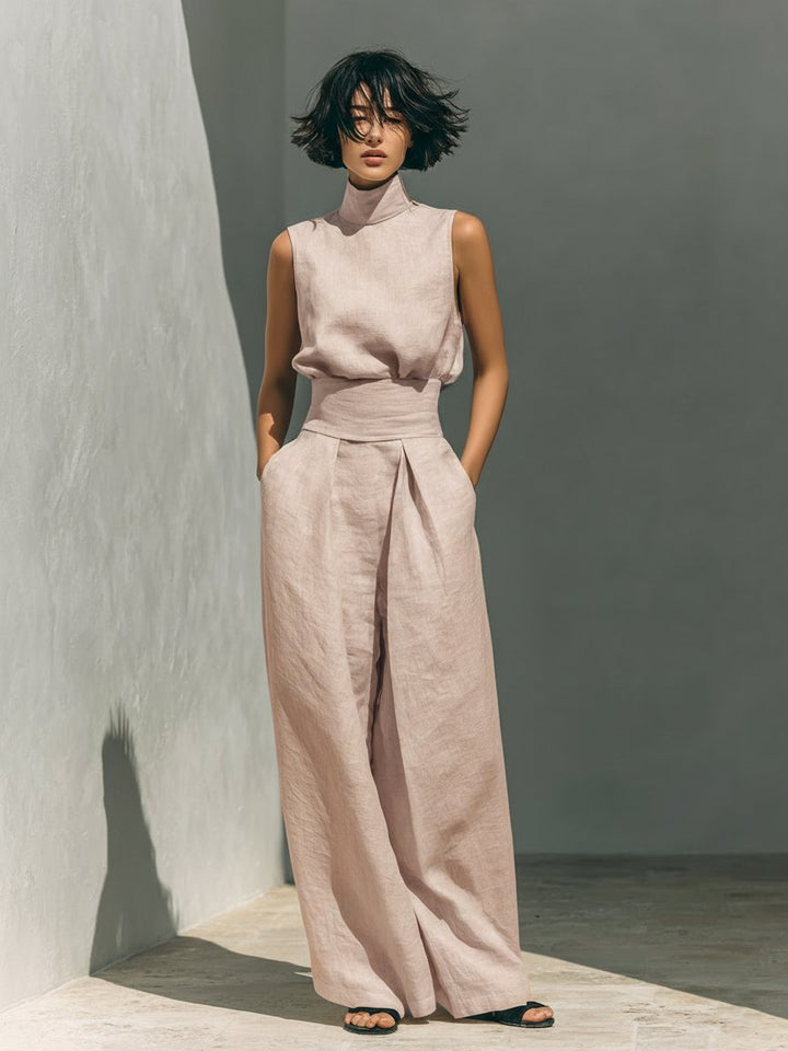 Women's Cotton Linen Blend Sleeveless Turtleneck Wide-Leg Pants Set - Light Pink