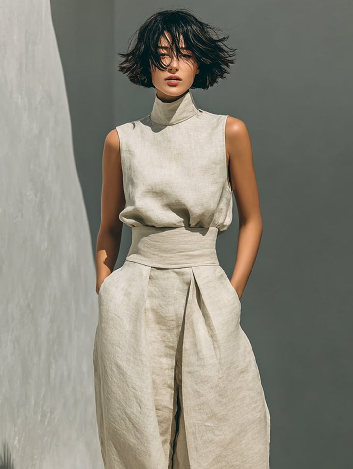 Women's Cotton Linen Blend Sleeveless Turtleneck Wide-Leg Pants Set
