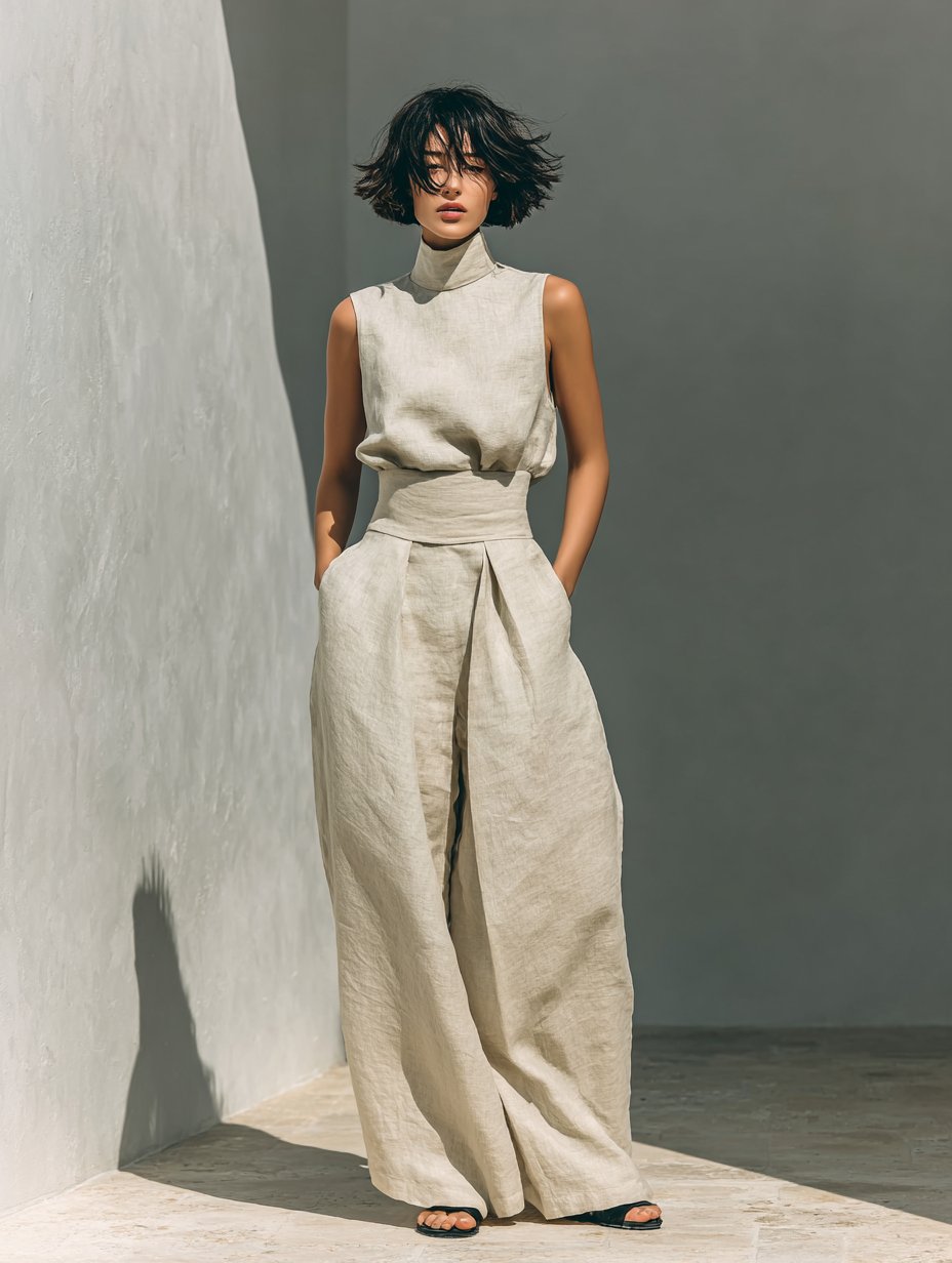 Women's Cotton Linen Blend Sleeveless Turtleneck Wide-Leg Pants Set