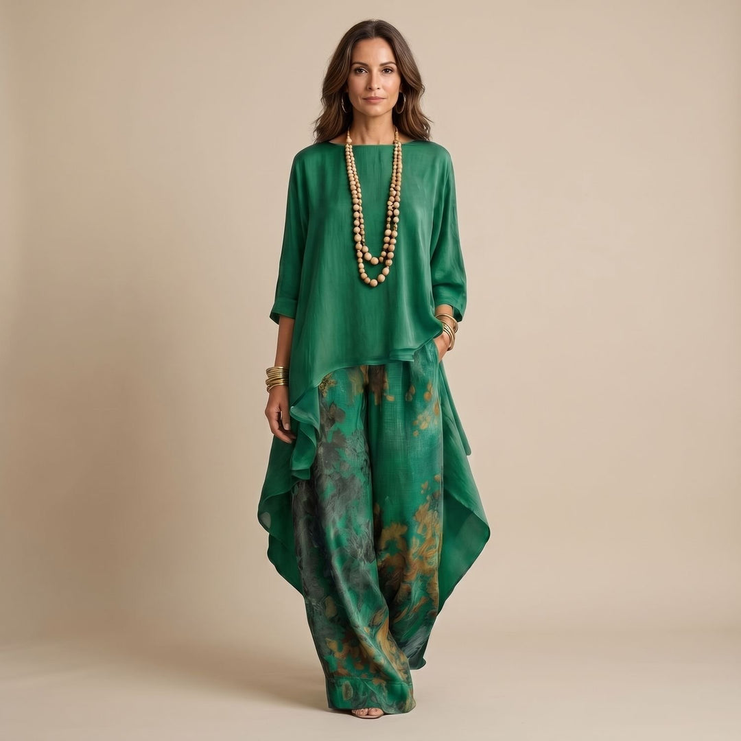 Women's Cotton-Silk Asymmetric Tunic Wide-Leg Floral Pants Two Piece Set - Green