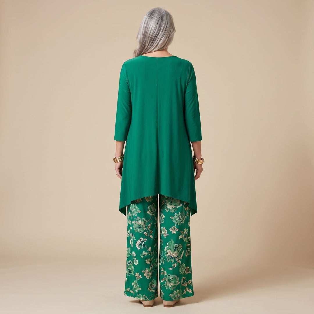 Women's Cotton-Silk Asymmetric Tunic Wide-Leg Floral Pants Two Piece Set