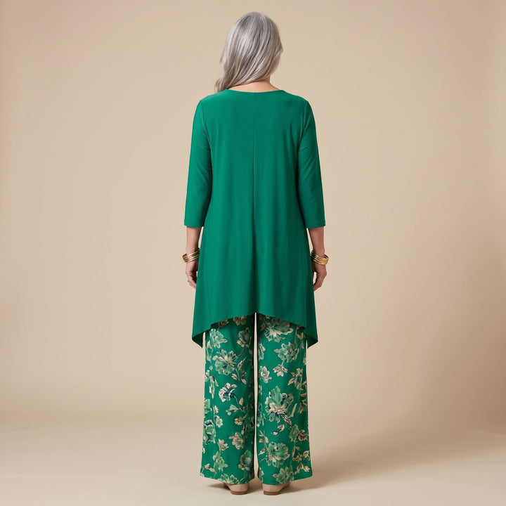 Women's Cotton-Silk Asymmetric Tunic Wide-Leg Floral Pants Two Piece Set