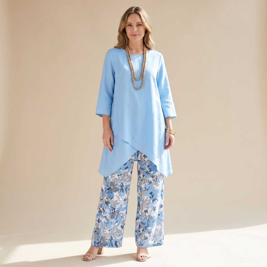 Women's Cotton-Silk Asymmetric Tunic Wide-Leg Floral Pants Two Piece Set - Blue