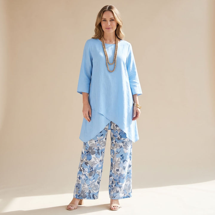 Women's Cotton-Silk Asymmetric Tunic Wide-Leg Floral Pants Two Piece Set - Blue