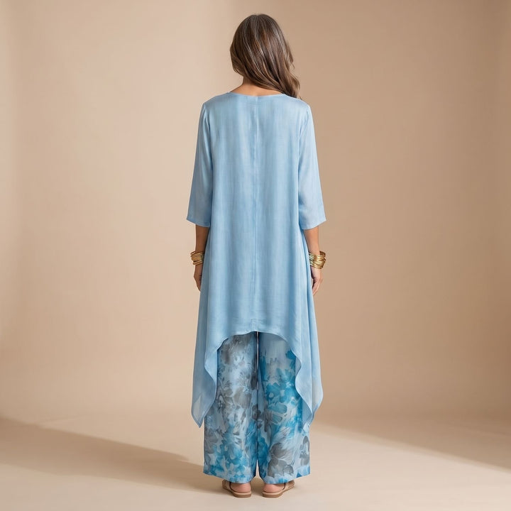 Women's Cotton-Silk Asymmetric Tunic Wide-Leg Floral Pants Two Piece Set