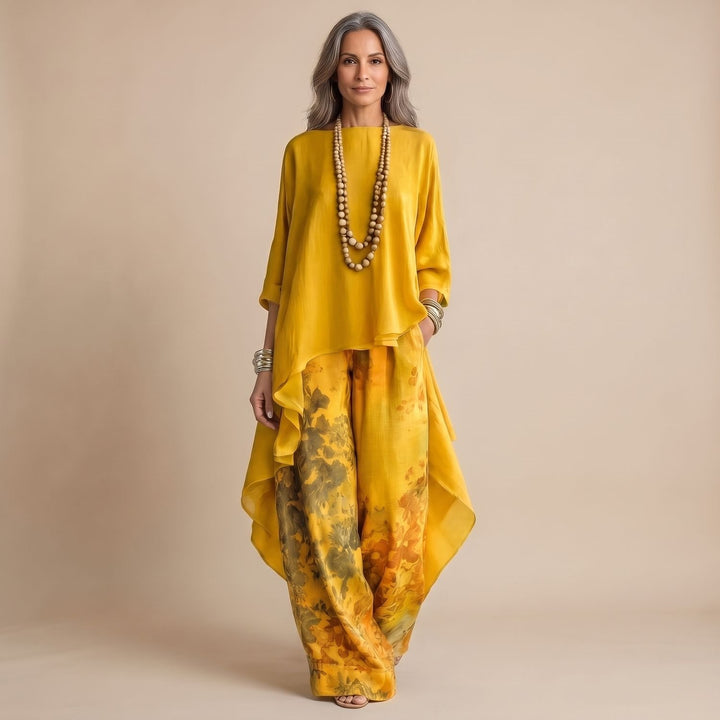 Women's Cotton-Silk Asymmetric Tunic Wide-Leg Floral Pants Two Piece Set - Yellow