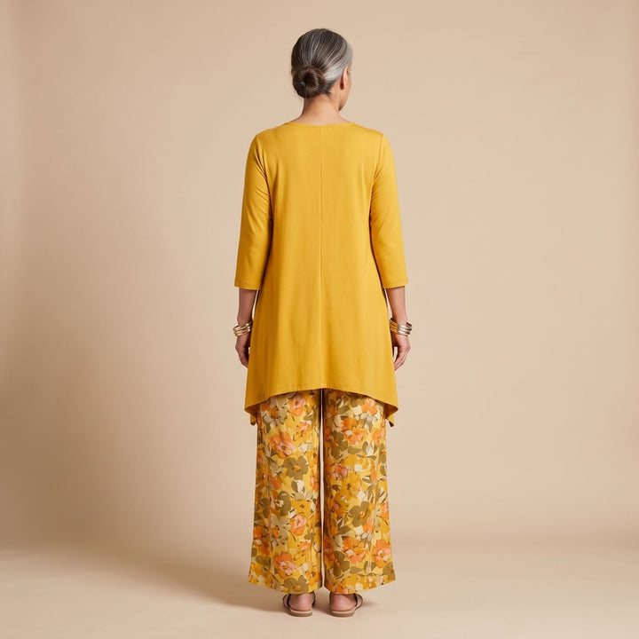 Women's Cotton-Silk Asymmetric Tunic Wide-Leg Floral Pants Two Piece Set