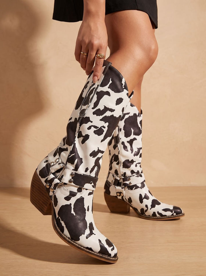 Women's Cow-Print Pointed-Toe Block-Heel Western Cowboy Boots - Black