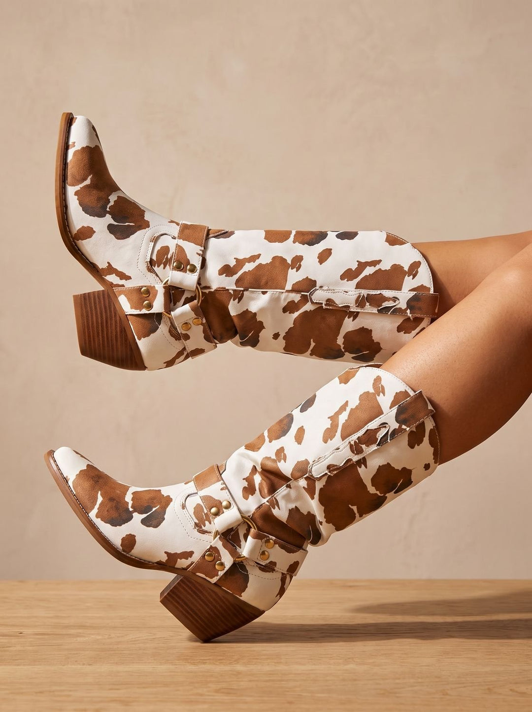 Women's Cow-Print Pointed-Toe Block-Heel Western Cowboy Boots - Brown