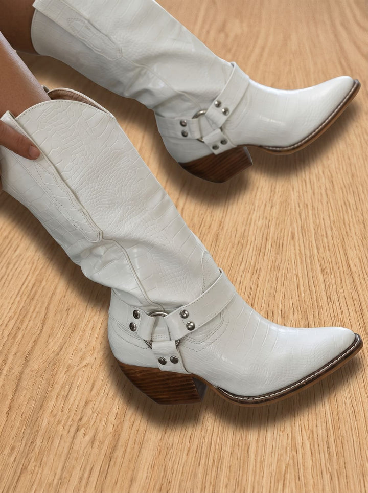 Women's Cow-Print Pointed-Toe Block-Heel Western Cowboy Boots - White