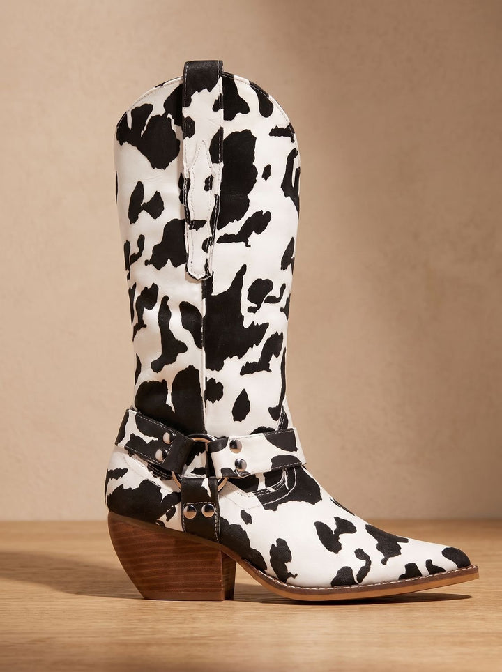 Women's Cow-Print Pointed-Toe Block-Heel Western Cowboy Boots