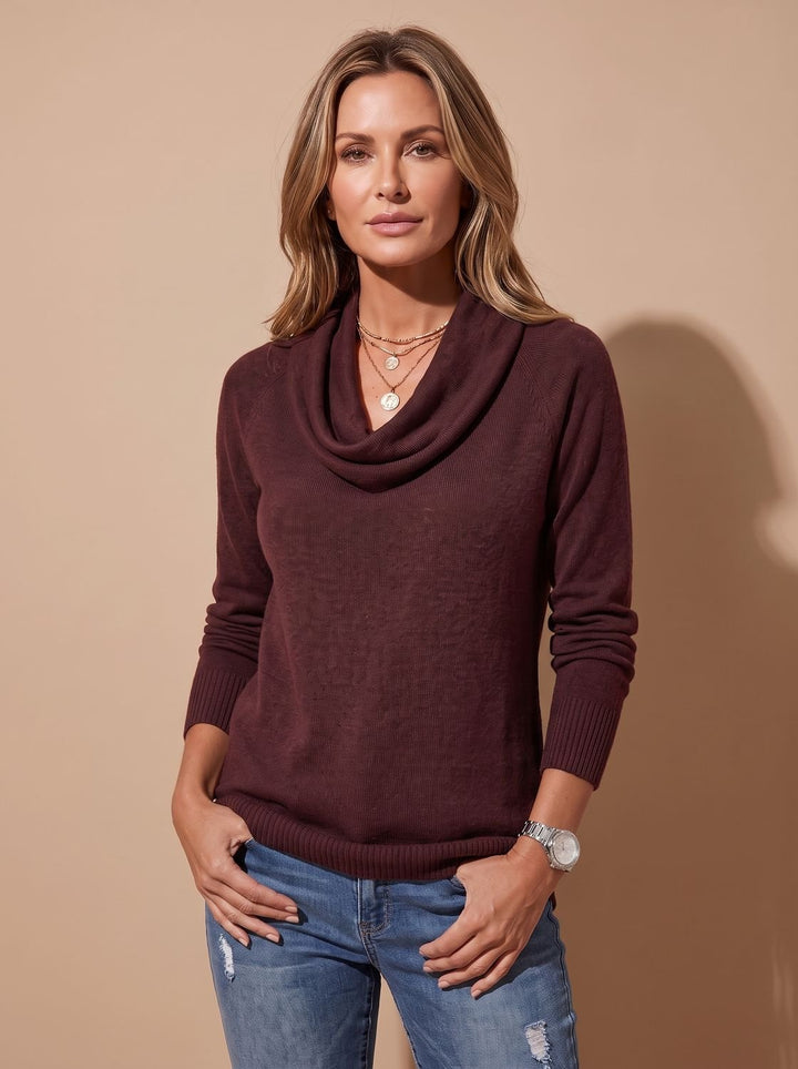 Women's Cowl Neck Long Sleeve Soft Knit Pullover Sweater - Dark Purple