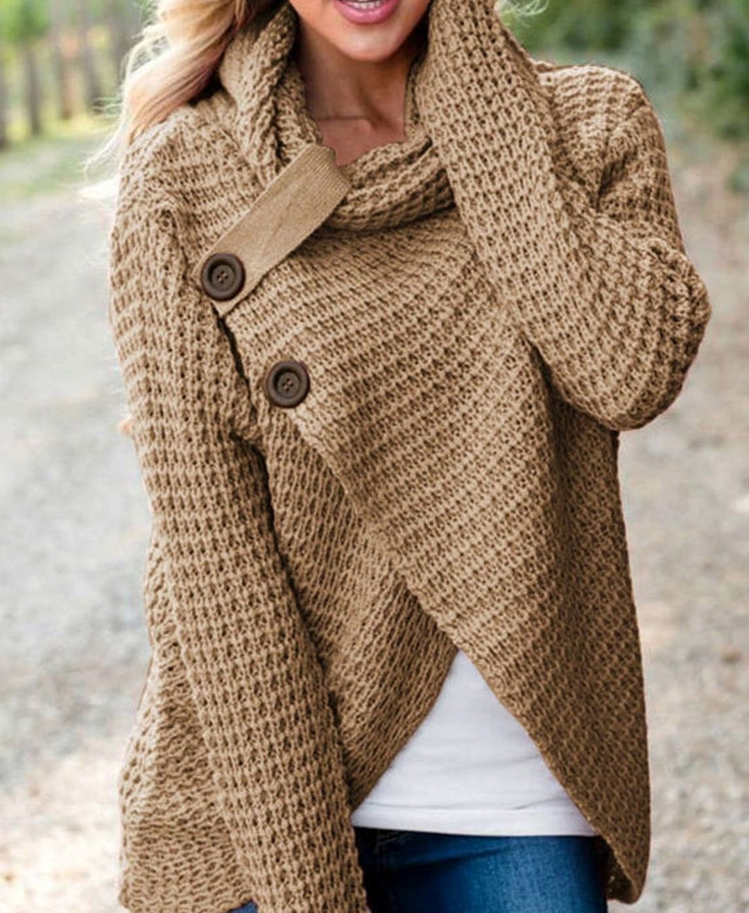 Women's Cowl-Neck Wrap-Front Cardigan Chunky Knit Sweater - Beige