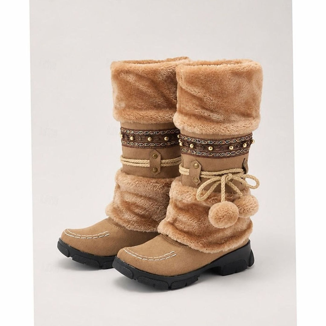 Women's Cozy Boho Faux-Fur Cuff Mid-Calf Winter Snow Boots - Brown