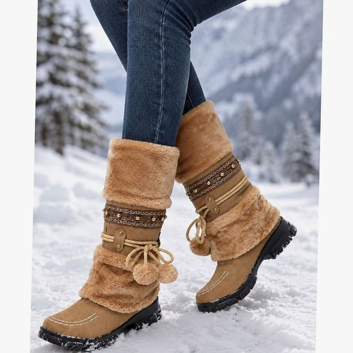 Women's Cozy Boho Faux-Fur Cuff Mid-Calf Winter Snow Boots