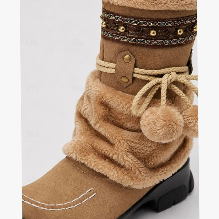 Women's Cozy Boho Faux-Fur Cuff Mid-Calf Winter Snow Boots