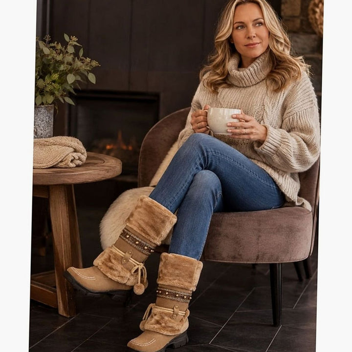 Women's Cozy Boho Faux-Fur Cuff Mid-Calf Winter Snow Boots